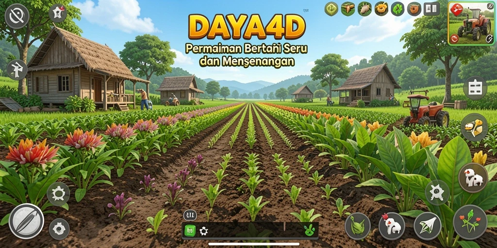 Screenshot gameplay DAYA4D yang menampilkan suasana bertani yang ceria.