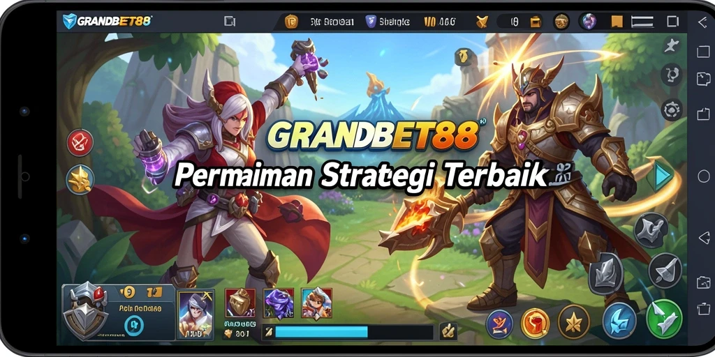 Tangkapan layar gameplay GRANDBET88 menampilkan pertempuran strategi yang intens.