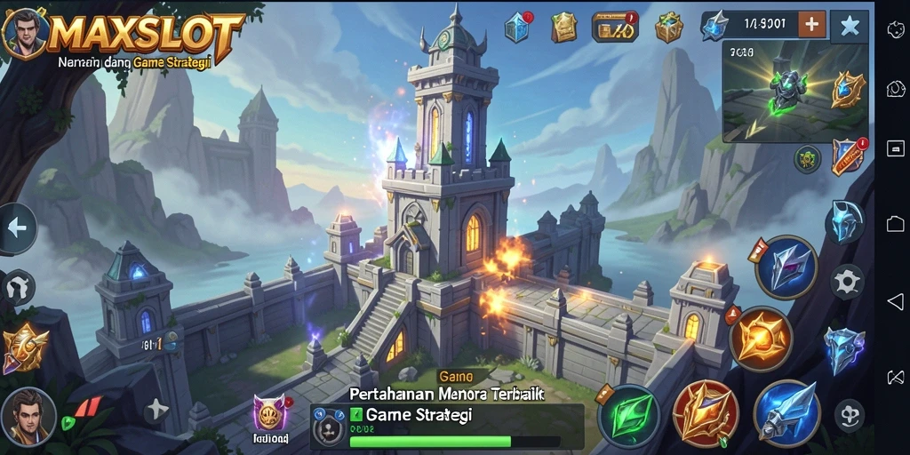 Tampilan gameplay MAXSLOT dengan menara pertahanan yang strategis.