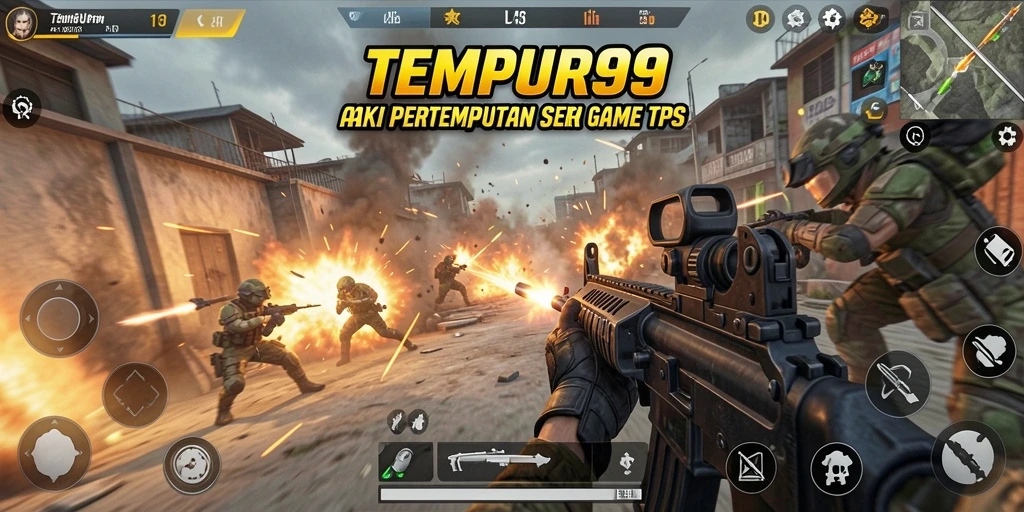 Screenshot utama TEMPUR99 menampilkan aksi tembak-menembak yang intens dalam gameplay TPS.